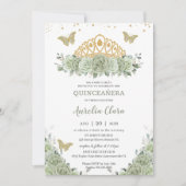Invitation Quinceanera Sage Vert Floral Or Papillon de la Cou (Devant)