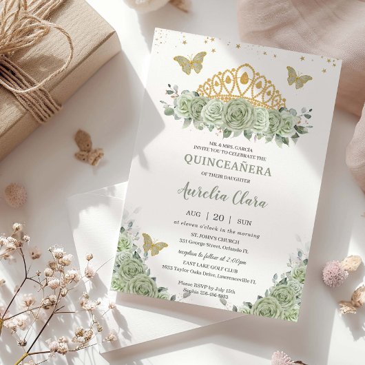 Invitation Quinceanera Sage Vert Floral Or Papillon de la Cou