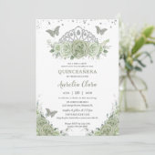 Invitation Quinceañera Sage Vert Floral Roses Argent Couronne (Debout devant)