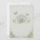 Invitation Quinceañera Sage Vert Floral Roses Argent Couronne (Dos)