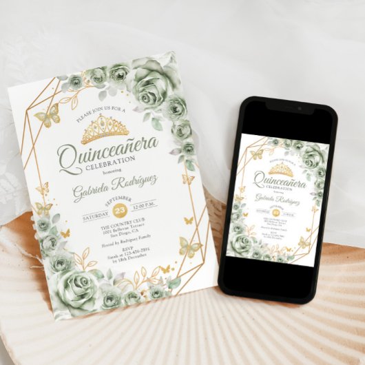 Invitation Quinceanera Sage Vert Or Floral
