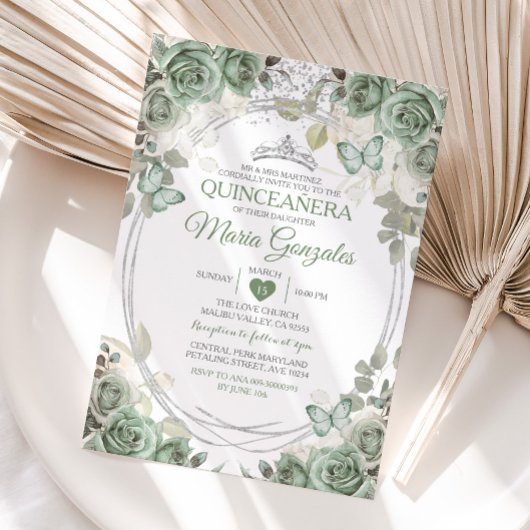 Invitation Quinceañera Sage Vert & Papillon de la Couronne Ar