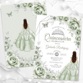 Invitation Quinceanera Sage Vert Robe Argent Floral