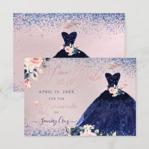 Invitation Quinceanera Sauvez la date Marine Blue Gown