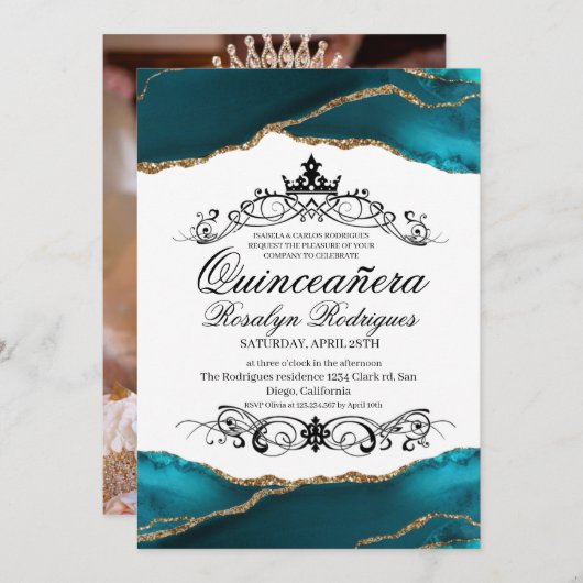 Invitation Quinceañera Script Turquoise Agate Photo 15ème (Devant / Derrière)