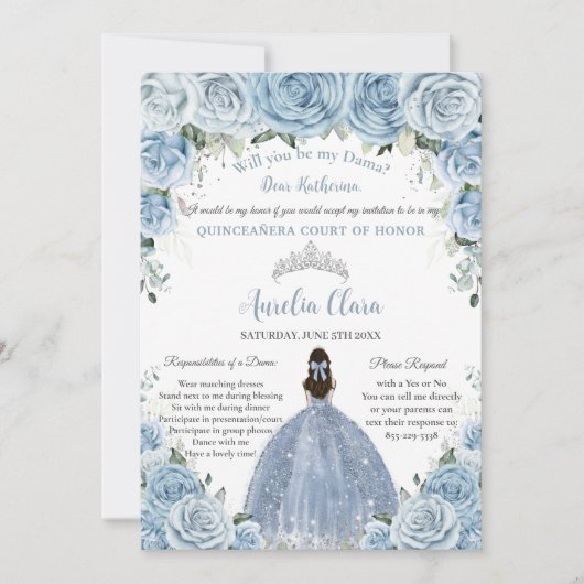 Invitation Quinceañera Silver Baby Blue Floral Dama Demande (Devant)
