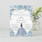 Invitation Quinceañera Silver Baby Blue Floral Dama Demande (Debout devant)