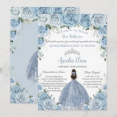 Invitation Quinceañera Silver Baby Blue Floral Dama Demande (Devant / Derrière)