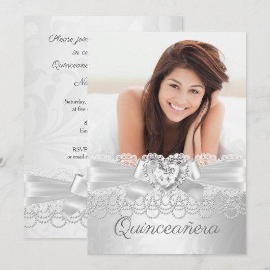 Invitation Quinceanera Silver blanc dentelle Damask Diamond H (Devant / Derrière)