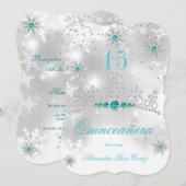 Invitation Quinceanera Silver Blanc Turquoise Blue Pearl Floc (Devant / Derrière)