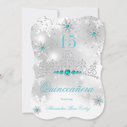 Invitation Quinceanera Silver Blanc Turquoise Blue Pearl Floc (Devant)
