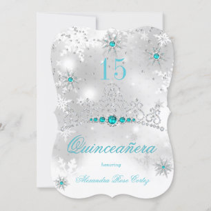 Invitation Quinceanera Silver Blanc Turquoise Blue Pearl Floc