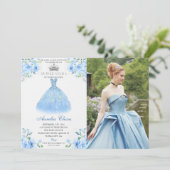 Invitation Quinceanera Silver Blue Floral Gown Photo (Debout devant)