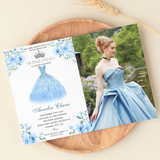 Invitation Quinceanera Silver Blue Floral Gown Photo