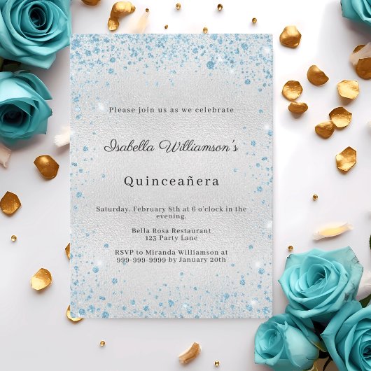 Invitation Quinceanera silver blue glitter winter party