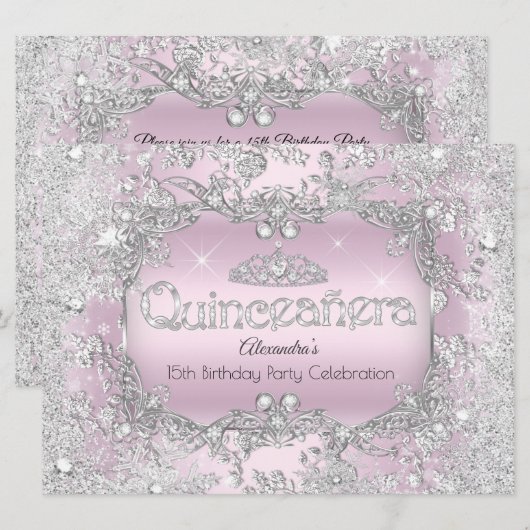 Invitation Quinceanera Silver rose Tiara Winter Wonderland 2 (Devant / Derrière)