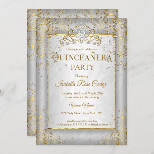 Invitation Quinceanera Silver White Gold Tiara (Devant / Derrière)