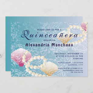 Invitation Quinceanera sous la dentelle de mer, perles coquil