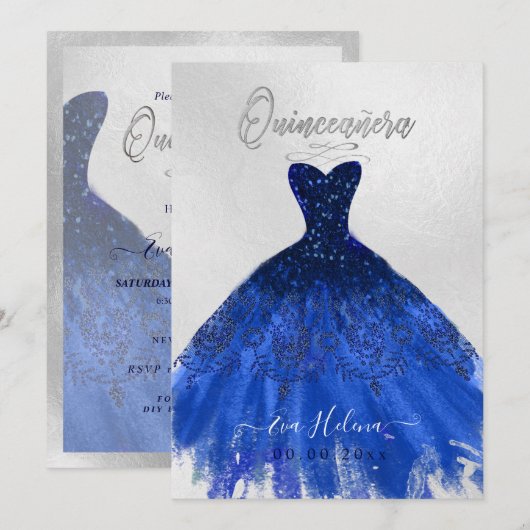 Invitation Quinceañera, Sparkle Gown, Navy Blue (Devant / Derrière)