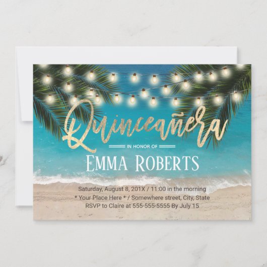 Invitation Quinceanera String Lights Plage tropicale Annivers (Devant)