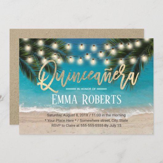Invitation Quinceanera String Lights Plage tropicale Annivers (Devant / Derrière)
