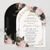 Invitation Quinceañera Sweet 16 Black Rose Floral Arch Or (Devant / Derrière)
