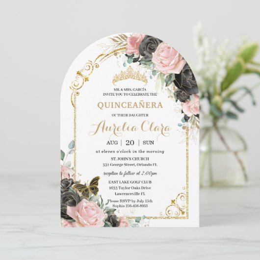 Invitation Quinceañera Sweet 16 Black Rose Floral Arch Or (Debout devant)
