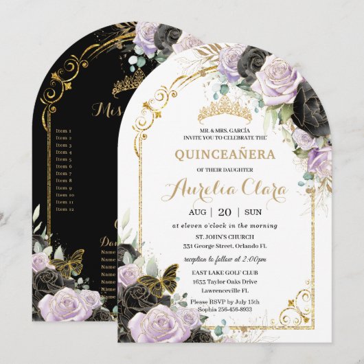 Invitation Quinceañera Sweet 16 Noir violet Arc Floral Or (Devant / Derrière)