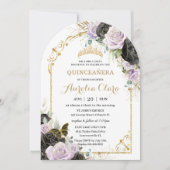 Invitation Quinceañera Sweet 16 Noir violet Arc Floral Or (Devant)