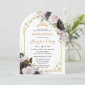 Invitation Quinceañera Sweet 16 Noir violet Arc Floral Or (Debout devant)