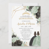 Invitation Quinceañera Sweet 16 Sage Vert Black Floral Twins (Devant)