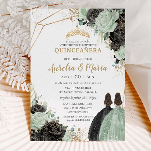 Invitation Quinceañera Sweet 16 Sage Vert Black Floral Twins