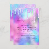 Invitation Quinceanera Sweet 16th Drips Holographique rose (Devant / Derrière)