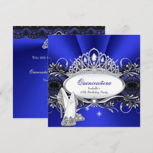 Invitation QUINCEANERA talons hauts Royal Blue Diamond Tiara (Devant / Derrière)