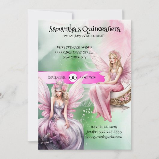 Invitation Quinceañera thème fée rose vert princesse filles (Devant)