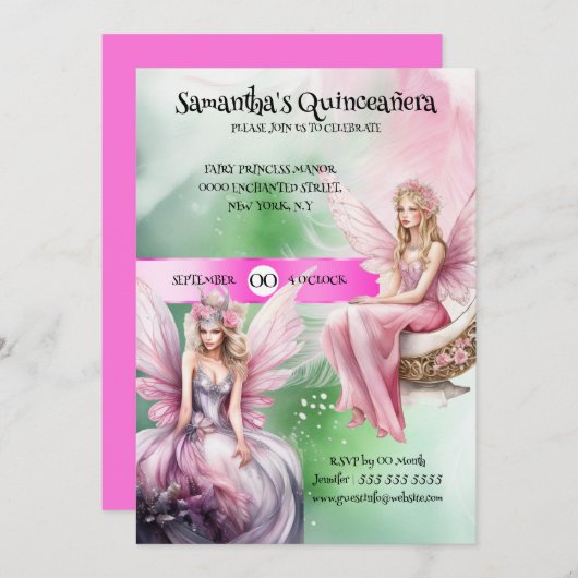 Invitation Quinceañera thème fée rose vert princesse filles (Devant / Derrière)