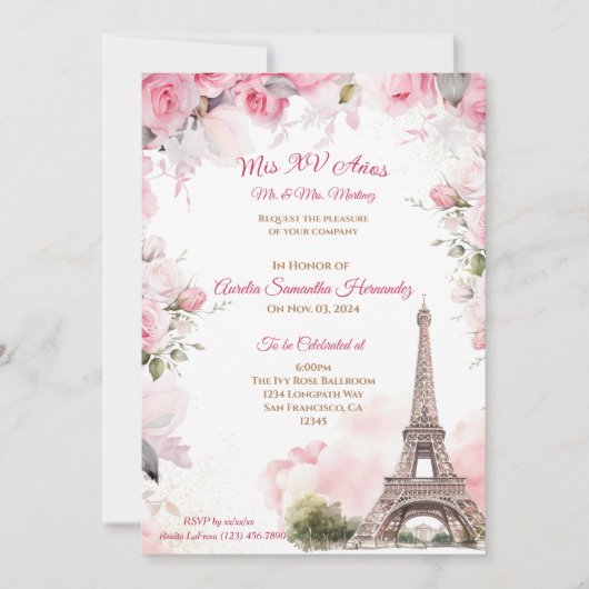 Invitation Quinceañera Thème Paris Rose Fleurie (Devant)