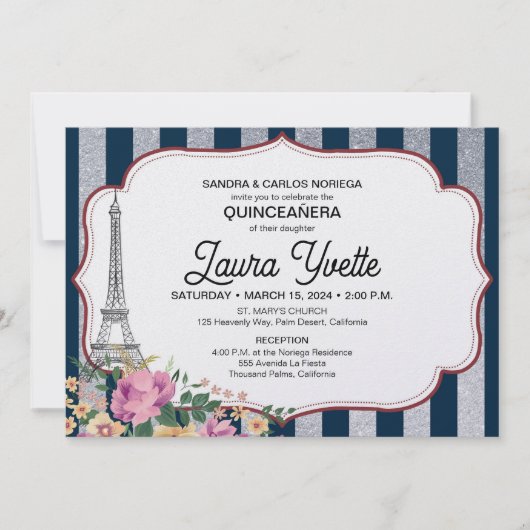Invitation Quinceañera, Thème Paris, Tour Eiffel (Devant)