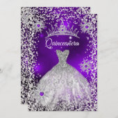 Invitation Quinceanera Tiara Robe violet hiver Snowflake (Devant / Derrière)