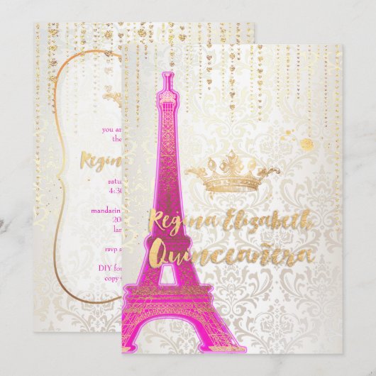 Invitation Quinceanera/Tour Eiffel/Princesse Parisienne/Viole (Devant / Derrière)