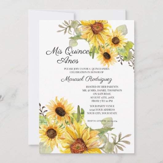 Invitation Quinceanera Tournesol Automne Florale fête d'anniv (Devant)