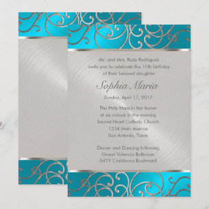 Invitation Quinceanera Tourquoise Bleu Silver Fils