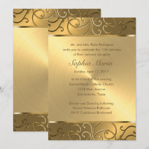 Invitation Quinceanera Toute Gold Filigree Swirl bordure