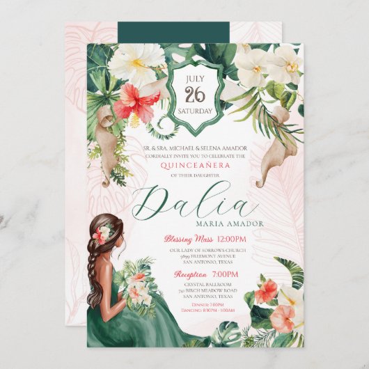 Invitation Quinceanera tropicale Anniversaire (Devant / Derrière)