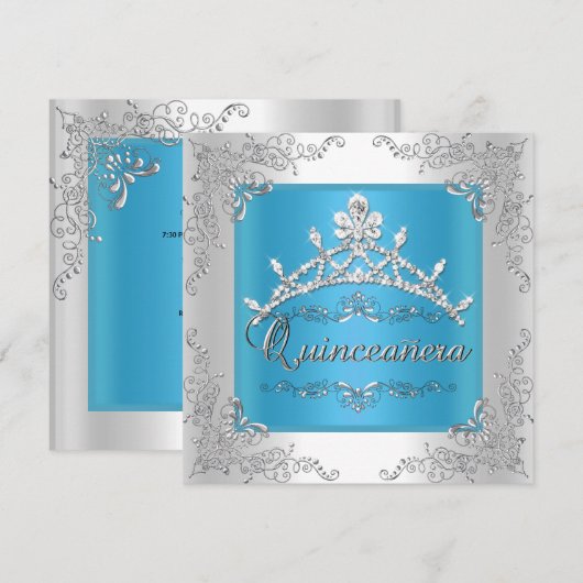 Invitation Quinceanera Turquoise 15e anniversaire Silver Tiar (Devant / Derrière)