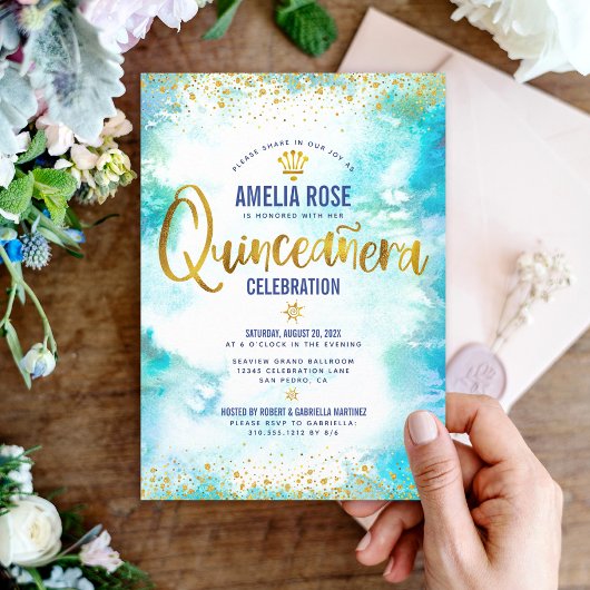 Invitation Quinceañera Turquoise Aquarelle Or Foil Chic