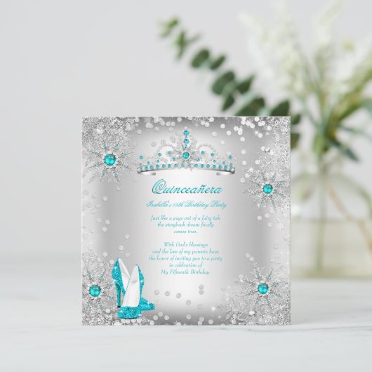 Invitation Quinceanera Turquoise Bleu Argent hiver Wonderland (Debout devant)