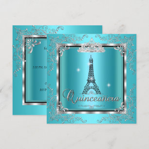 Invitation Quinceanera Turquoise Bleu Argent Tiara Tour Eiffe