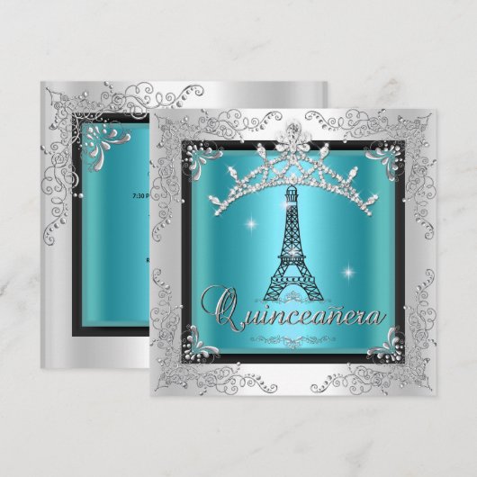 Invitation Quinceanera Turquoise Bleu Argent Tiara Tour Eiffe (Devant / Derrière)