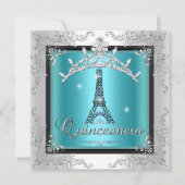 Invitation Quinceanera Turquoise Bleu Argent Tiara Tour Eiffe (Devant)